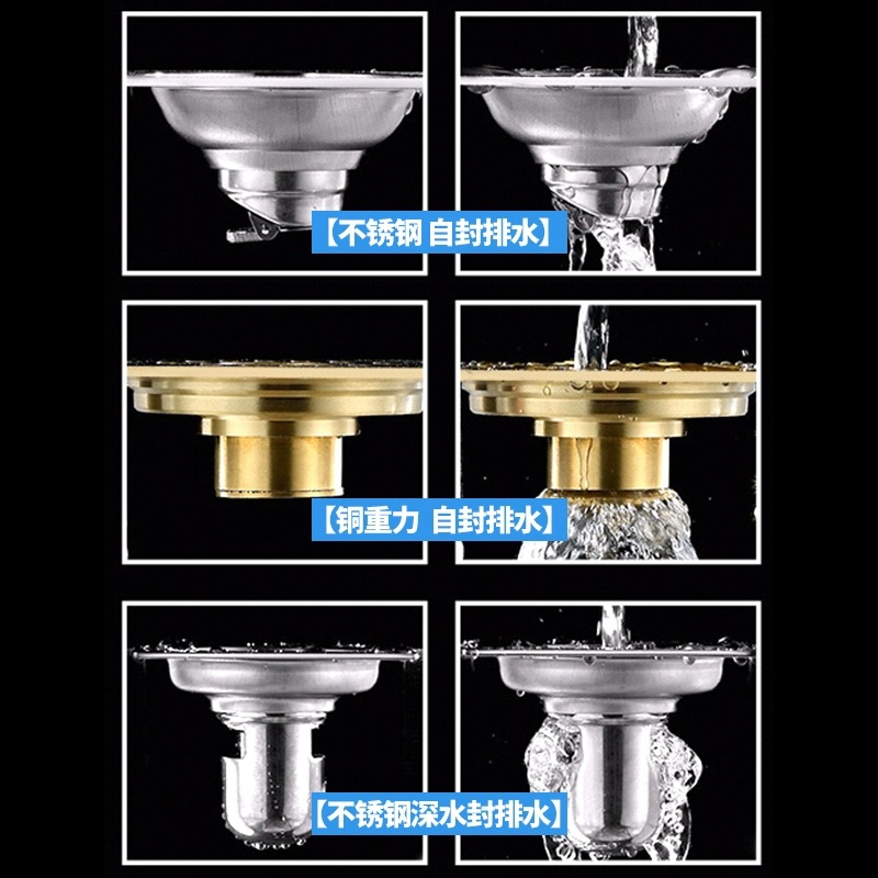 KMSH卫生间全铜地漏厕所防臭芯阳台洗衣机三通浴室304不锈钢地漏 - 图3