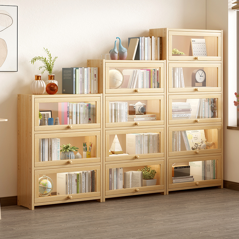 实木书柜家用落地带门收纳柜大容量防尘置物柜简易多层儿童书架子