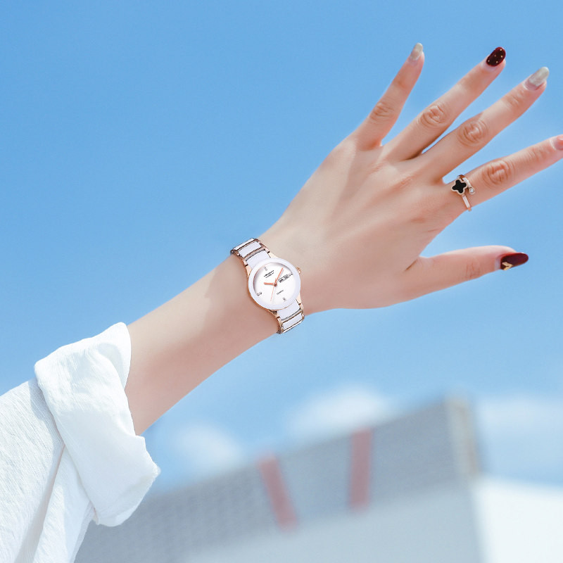 名牌正品陶瓷女士时尚双日历手表 铂时美国产腕表