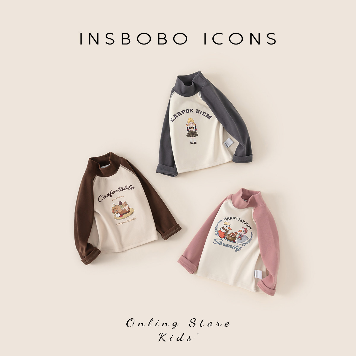 INSbobo儿童T恤2025秋装新款女宝长袖上衣女童打底衫男童插肩袖,淘宝优惠券,粉丝福利购,淘宝优惠卷