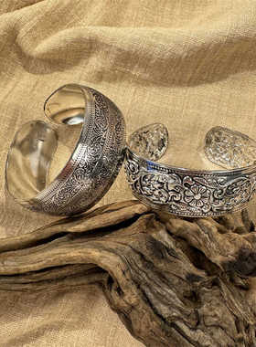 时尚镀银手环民族风复古欧美雕花开口宽面手镯手链超宽版满雕古镯