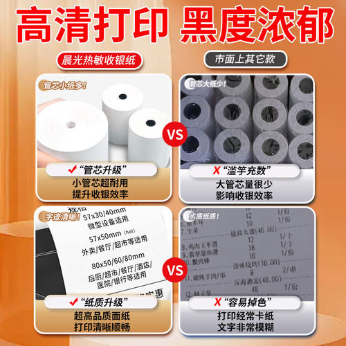 晨光无卷芯热敏打印纸57x50收银小票据纸80x80喵喵机80x60x50美团外卖单打印卷纸57x40x30饿了么小票纸58mm - 图2