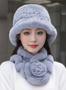 真毛绒编织盆帽女冬时尚保暖优雅