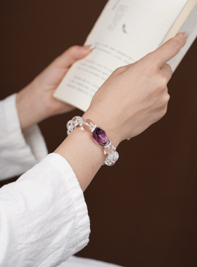 天然白水晶手串紫水晶顶珠手链男女款