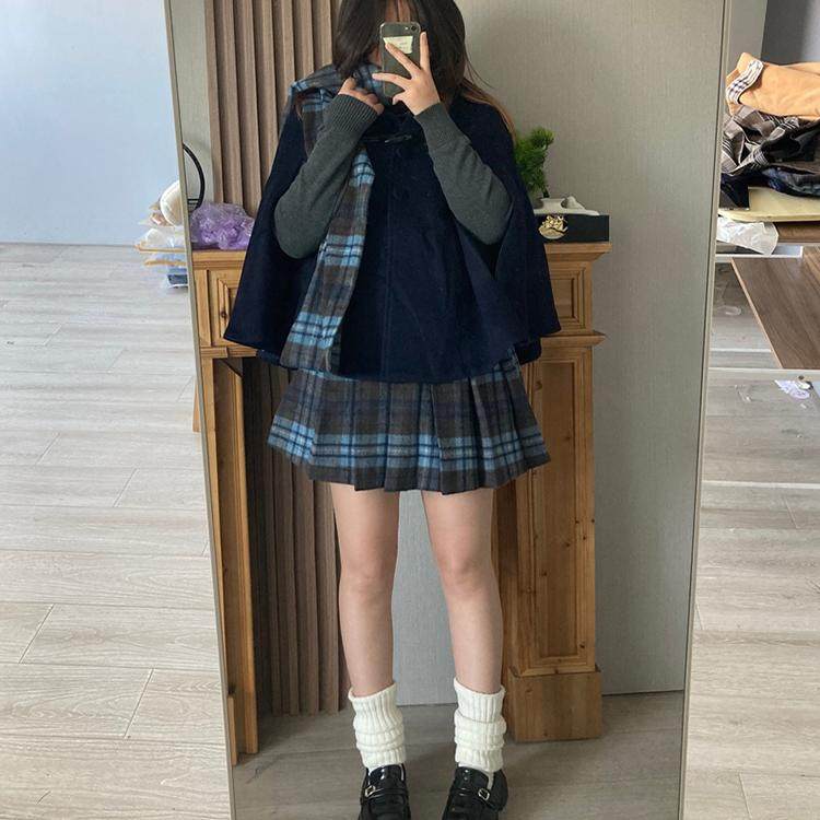 JK制服毛呢斗篷套装女秋冬2025新款小个子格子披风围巾领毛呢外套,淘宝优惠券,粉丝福利购,淘宝优惠卷