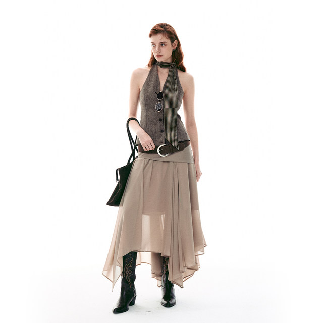 SINGLE MOMENT 26SS French retro simple slub halter neck slim sleeveless vest top for women