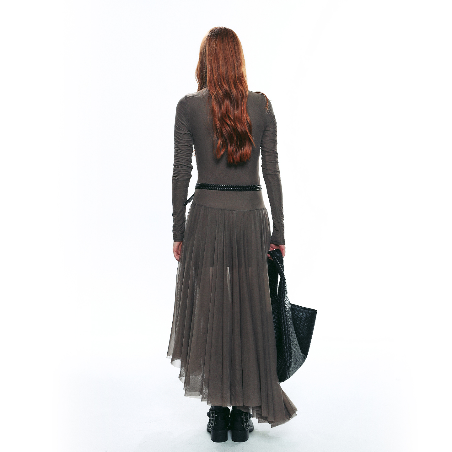 SINGLE MOMENT 25AW法式网纱修身弹力薄纱不规则下摆连衣裙长款女 - 图3