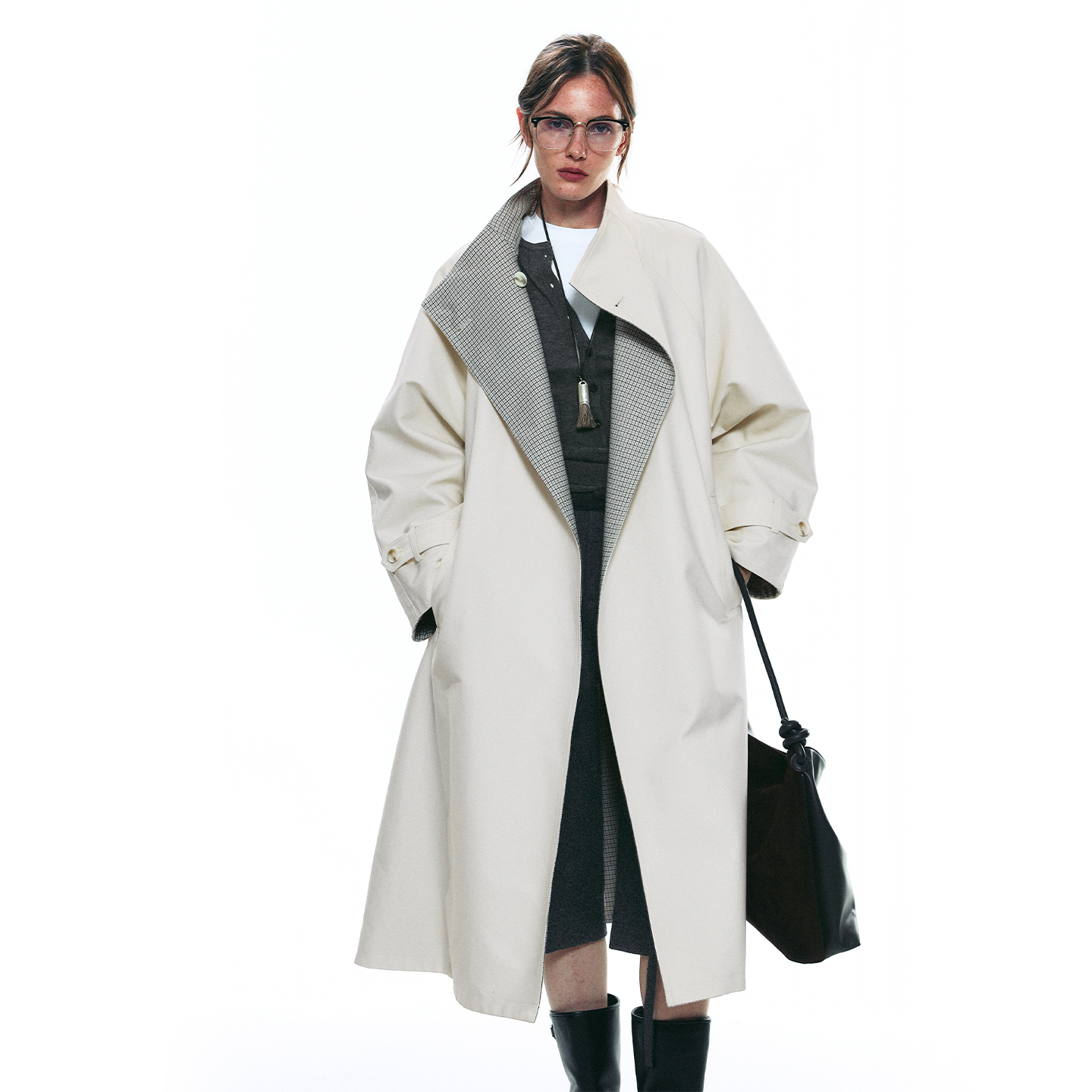 SINGLE MOMENT 25AW秋季双面缎纹A字廓形半立领长款风衣外套女 - 图1