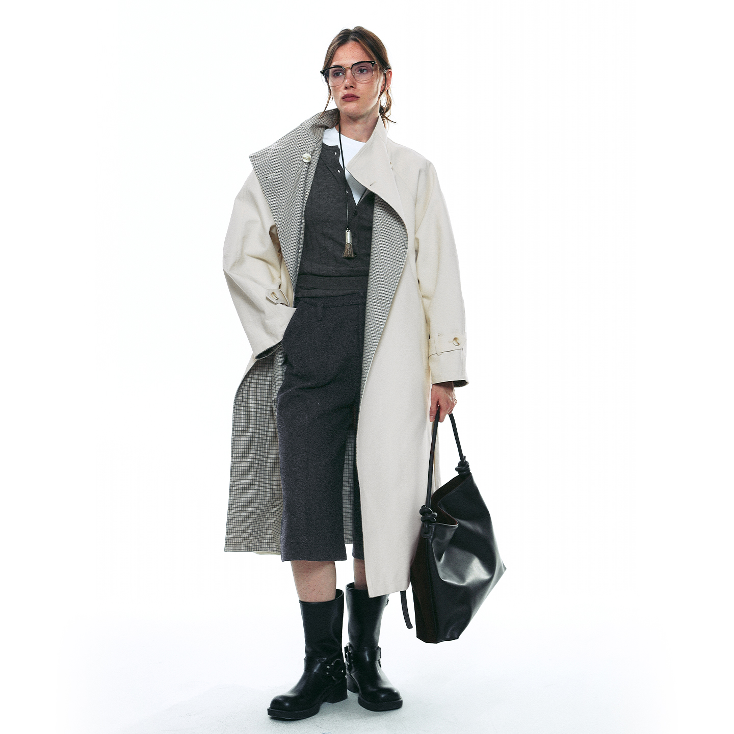 SINGLE MOMENT 25AW秋季双面缎纹A字廓形半立领长款风衣外套女 - 图0