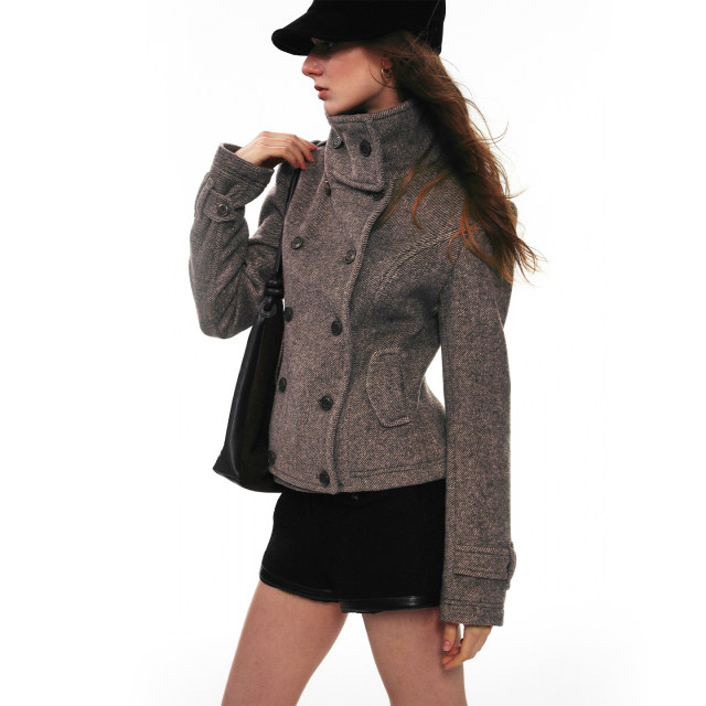 SINGLE MOMENT 25AW法式时尚经典双排扣正肩斜纹羊毛立领短外套女