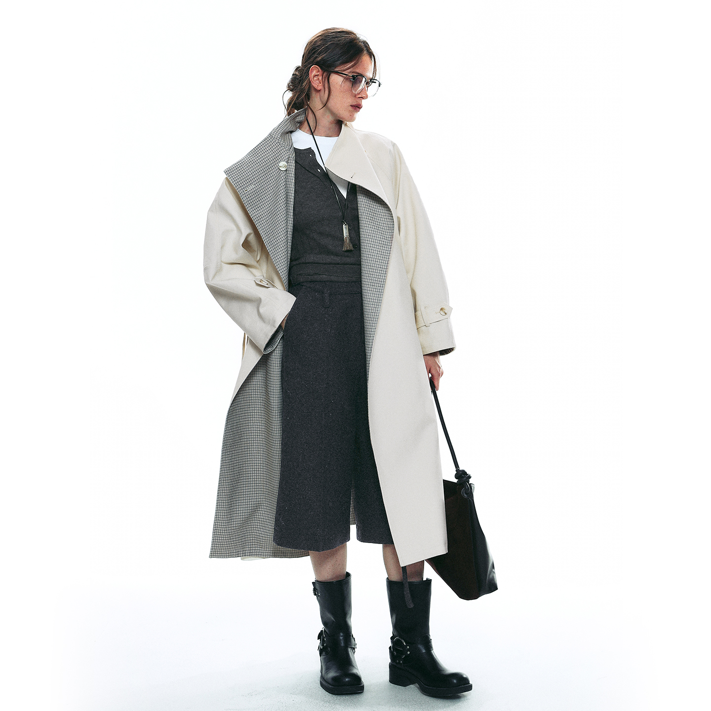 SINGLE MOMENT 25AW秋季双面缎纹A字廓形半立领长款风衣外套女 - 图3