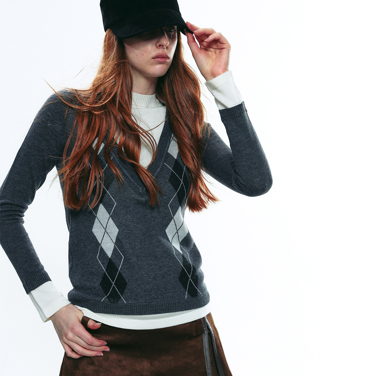 SINGLE MOMENT 25AW法式复古V领菱形格假两件针织衫毛衣上衣女,淘宝优惠券,粉丝福利购,淘宝优惠卷