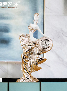 人物雕塑美女时钟欧式家居摆件客厅创意台钟酒柜电视柜时钟工艺品