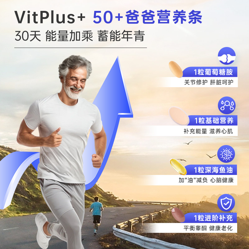 VitPlus50+岁男性综合营养条氨基葡萄糖硒片深海鱼油保健品2盒