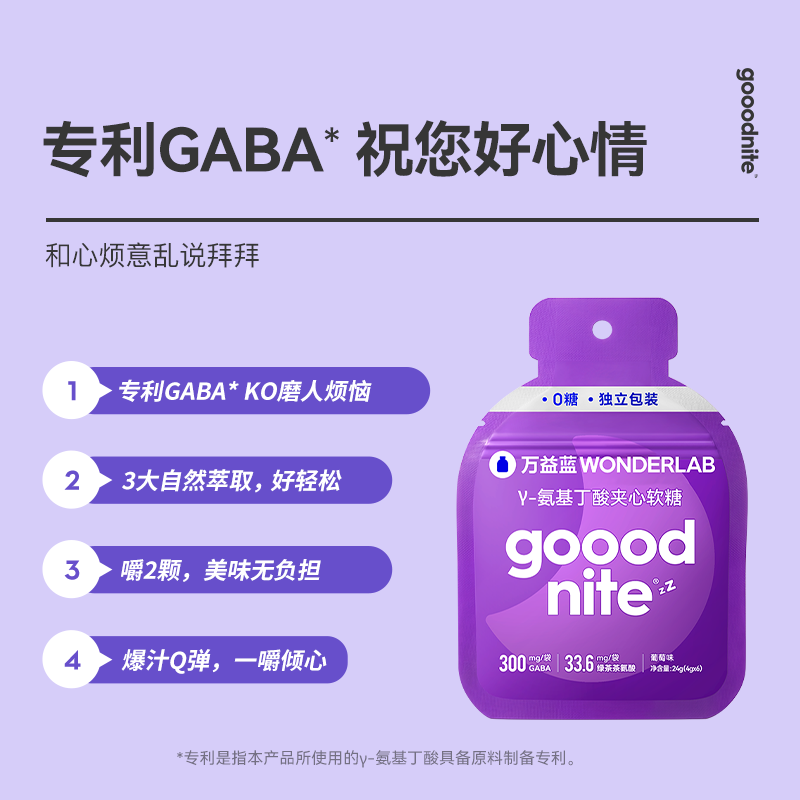 万益蓝WonderLab睡眠软糖GABA氨基丁酸非褪黑素夹心软糖0脂低糖 - 图0