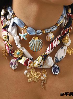 ZN0646花朵陶瓷吊坠丝带项链气质