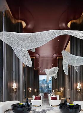 不锈钢镂空鲸鱼雕塑酒店售楼部网格编织海洋动物铁艺悬挂装饰摆件