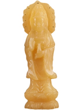 天然原石雕刻米黄玉玉雕观音摆件客厅供奉南海观世音菩萨像摆件
