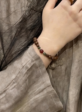 原创中式设计金丝檀木玛瑙玉珠手串女木质文玩手链