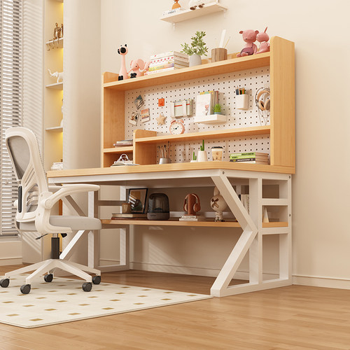 电脑桌卧室家用学生学习写字桌台式洞洞板书柜一体式实木办公书桌 - 图0