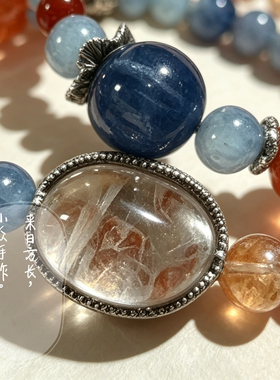 小众手作天然蓝晶石红胶花双圈手串 多宝水晶手链复古文艺女款