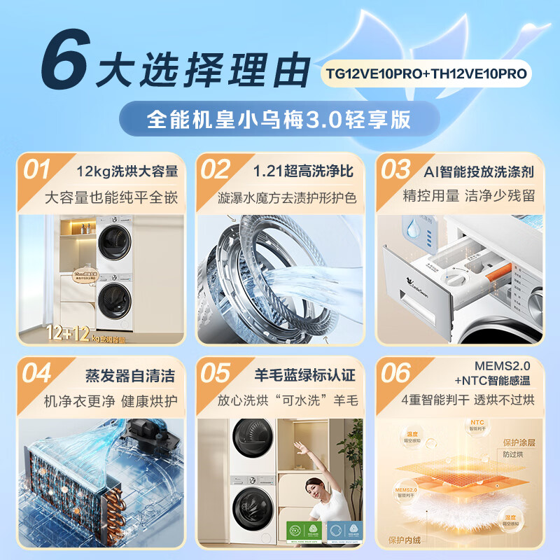 小天鹅小乌梅3.0轻享12KG洗衣机热泵烘干机组合洗烘套装E10P - 图0