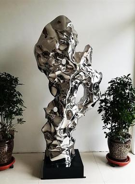 定制太湖石摆件玻璃钢不锈钢仿真雕塑庭院造景假山电镀镜面抽象