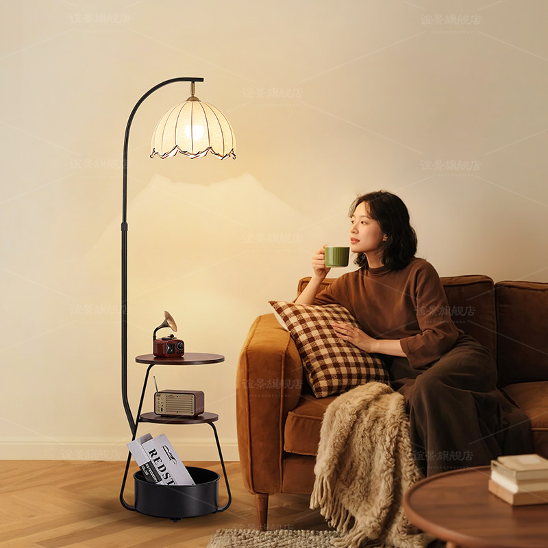 中古风落地灯卧室床头柜置物一体客厅沙发旁边几无线充电氛围台灯,淘宝优惠券,粉丝福利购,淘宝优惠卷