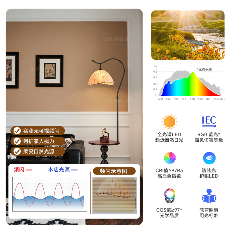 中古风落地灯客厅沙发旁边氛围灯复古卧室床头置物架一体立式台灯 - 图2
