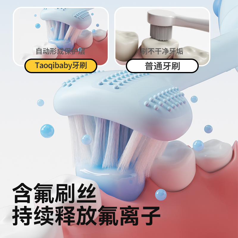 taoqibaby儿童三面牙刷婴幼儿1到3岁宝宝软毛乳牙刷含氟牙刷婴儿