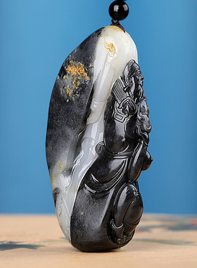 和田玉青花美女与野兽手把件