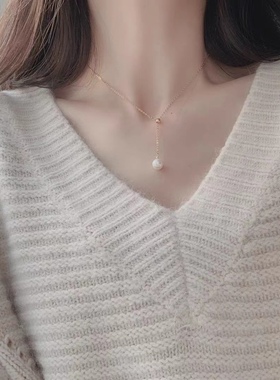 彩银项链S999纯银Y链珍珠项链小众可调节锁骨项链潮流个性不掉色