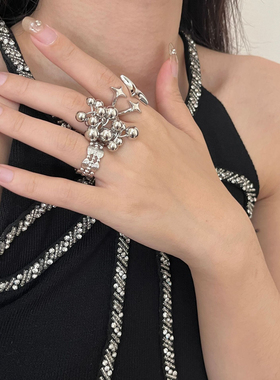 小众复古高级感银色米珠个性时尚风金属指环戒重工艺质感宽版戒指