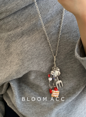 趣味可爱卡通斑点狗kt猫勺子蛋糕吊坠长款项链小众毛衣链配饰链女