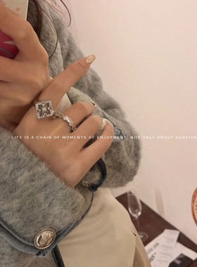 意大利四方形镂空花朵镶钻开口戒指 ins冷淡风铜镀金百搭指环戒子