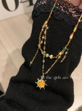 太阳花 彩色串珠项链女新款爆款美拉德天然石毛衣链小众锁骨链