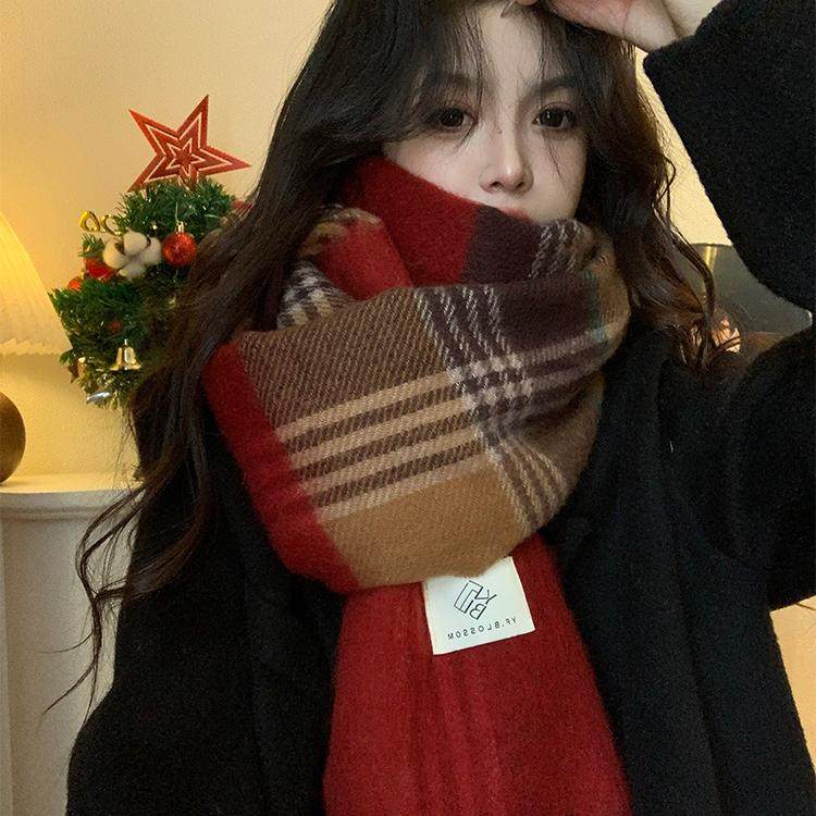 高级感圣诞红色格子仿羊绒围巾女冬季韩系复古加厚保暖防寒围脖潮,淘宝优惠券,粉丝福利购,淘宝优惠卷