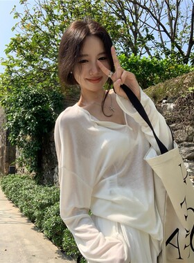 辣妹防晒罩衫女夏2024新款微透面膜长袖t恤纯欲外搭叠穿白色上衣