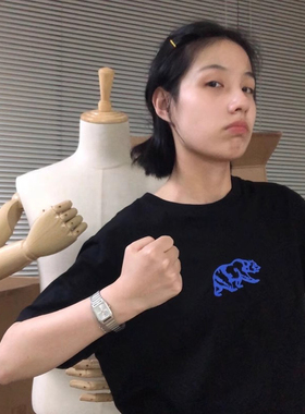 美式灰色印花圆领短袖t恤女2022年新款夏季纯棉内搭宽松上衣ins潮