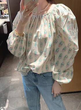 韩国东大门2025夏季新款一字领两穿设计泡泡袖碎花宽松衬衫上衣女