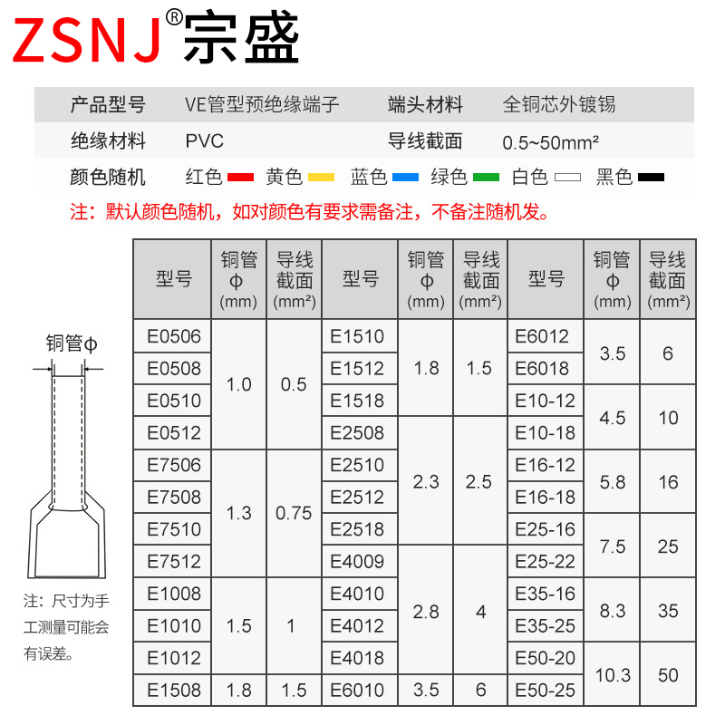 管型端子E1508针形预绝缘端子 VE1008欧式冷压接线端子压线耳黄铜 - 图3