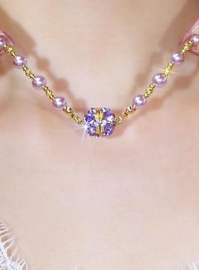 小众设计感球球紫色镶钻短款配饰