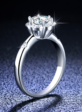 D色莫桑石女镀PT950 铂金指环S925纯银经典六爪1克拉结婚戒指