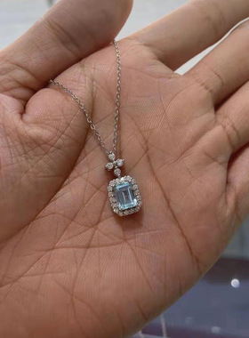 海蓝宝托帕石吊坠项链女锁骨链s925银镀PT950 铂金女轻奢小众设计