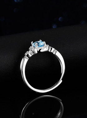 蓝托帕石莫桑石戒指女925纯银镀PT950 铂金1克拉扭线蛋形圆包异形