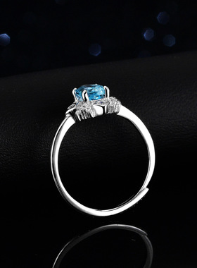 蓝托帕石莫桑石镀PT950 铂金戒指女925纯银1克拉满钻蛋形圆包异形