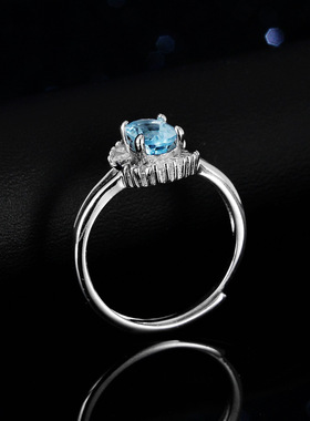蓝托帕石925银镀PT950 铂金莫桑石戒指1克拉满钻蛋形圆包异形女戒
