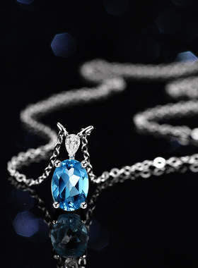 天然蓝托帕石莫桑石项链吊坠925纯银镀PT950 铂金1克拉蛋形锁骨链