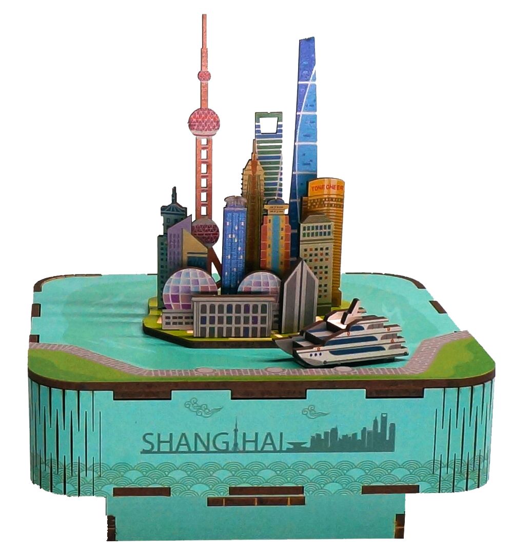 同趣拼装八音盒上海风情科技馆木质音乐盒diy手工生日礼物