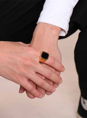 Men rings stainless steel black agate rings steel color ring